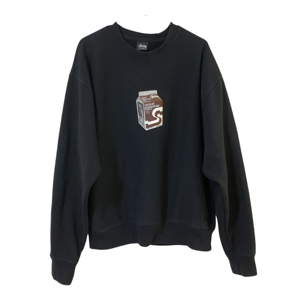 Stussy Chocolate Milk Carton Graphic Crewneck Sweatshirt Black Men's XL Streetwe